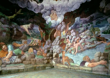 Sala dei Giganti, widok dwóch ścian ukazujących zniszczenie zbuntowanych gigantów przez pioruny Jowisza, 1536 (szczegóły patrz 78483-86)